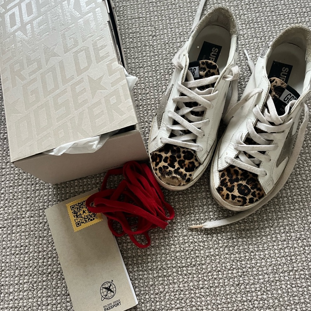Golden Goose White with Leopard and Glitter Sneakers with Red Laces